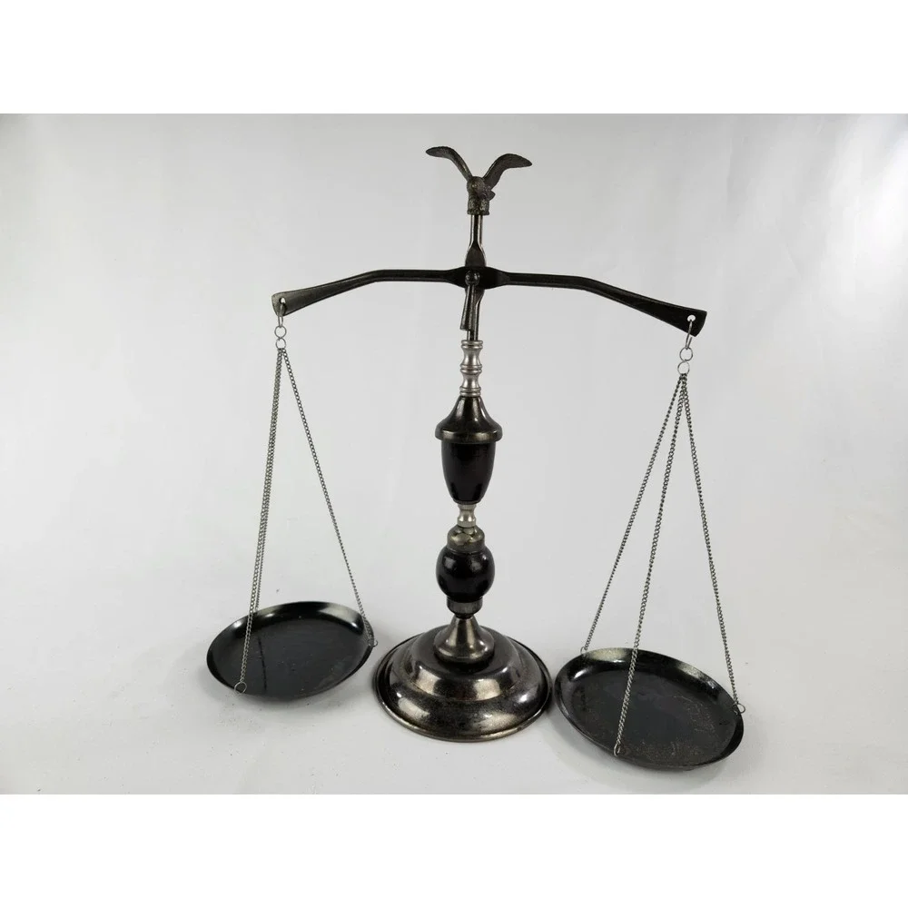 Vintage Wood & Metal Functioning Libra Scale‎ of Justice w Eagle Finial